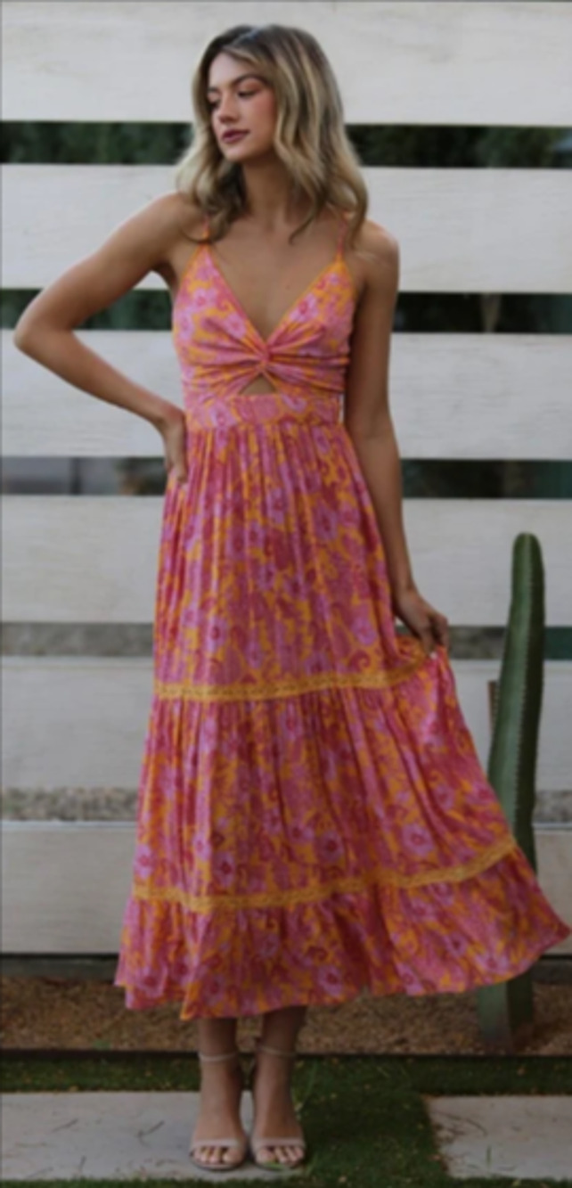Angie Boho Floral Maxi Dress Pink/Yellow Twist Front Tiered Crochet L 8-12
